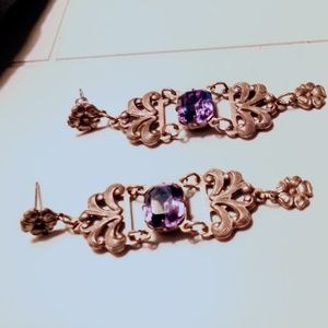 Brass and Amethyst Dangle Earrings.  Unique/Rare